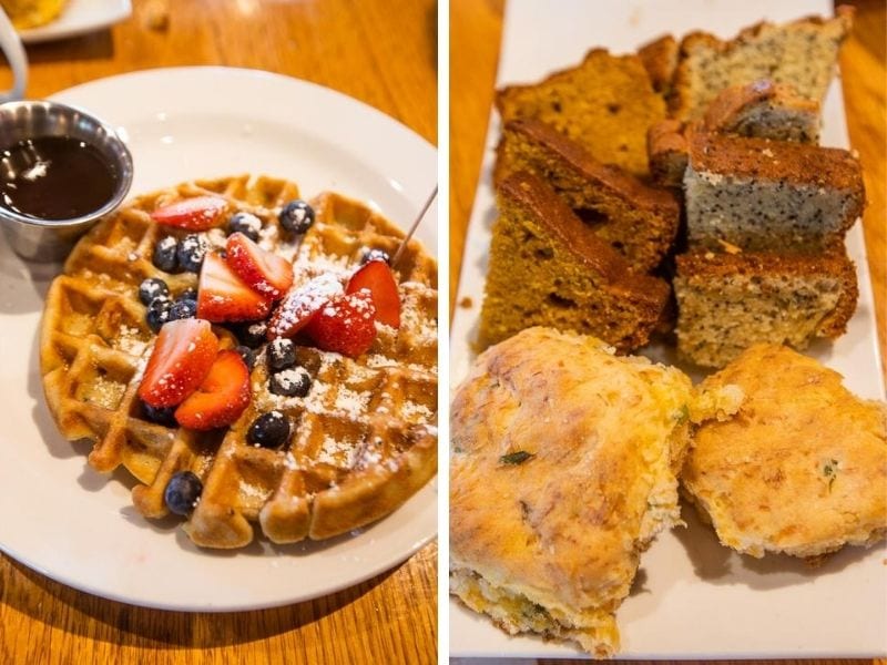 plates of breakfast food waffles and muffins