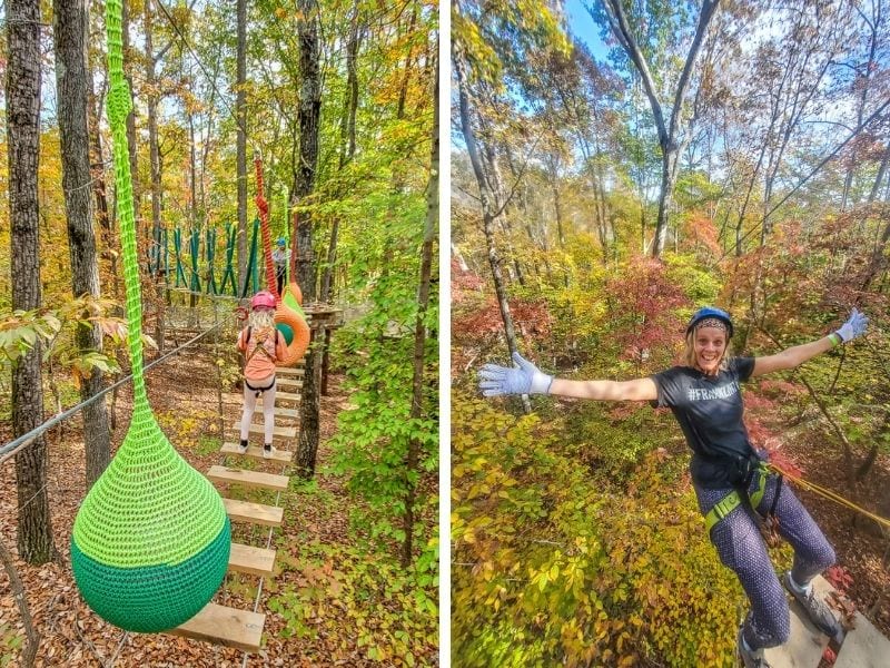 woman and girl on high ropes course amongst fall colored canopies