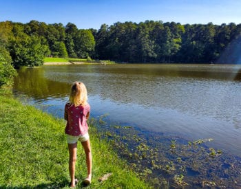 Little girl standing in front of the lake.