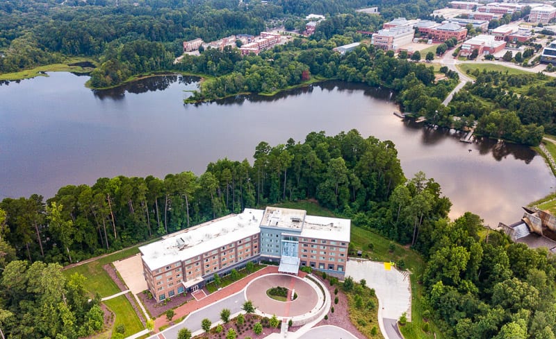 aerial view of StateView Hotel, on Lake Raleigh