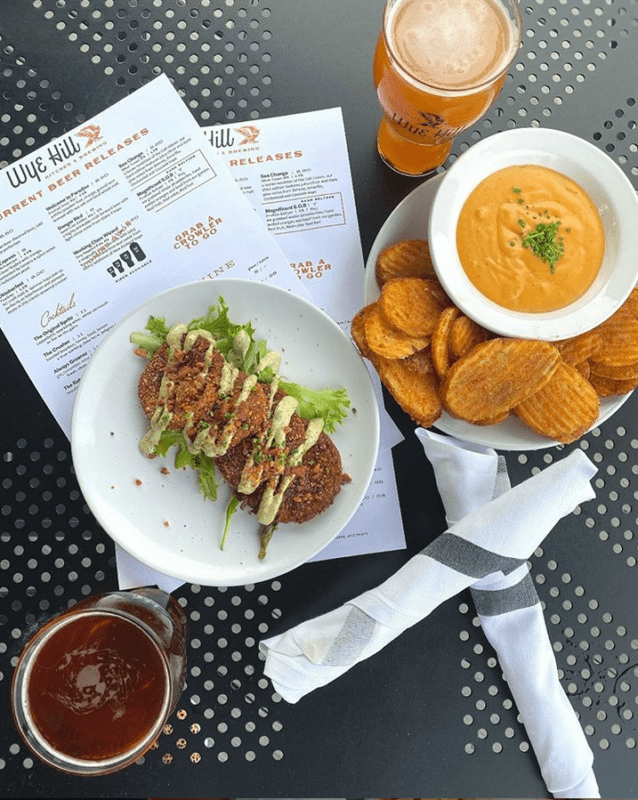 Fried Green Tomatoes and Beer Cheese Fries at Wye Hill Kitchen & Brewing, Raleigh, NC