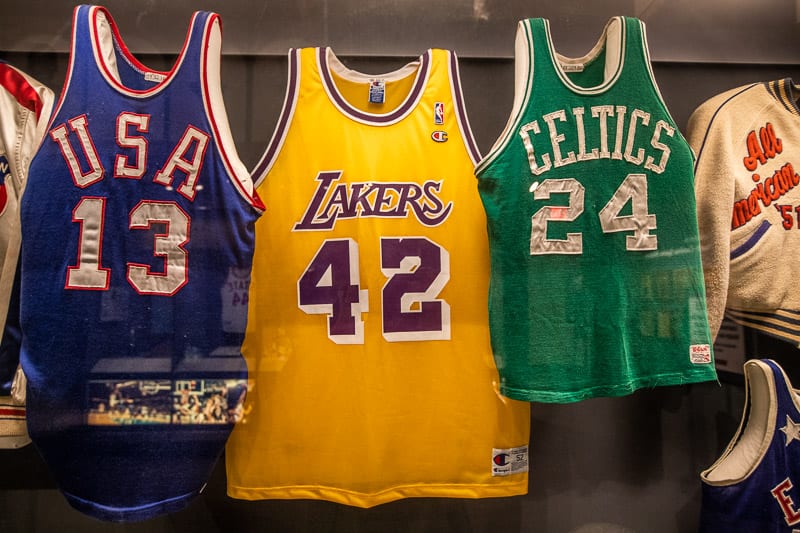 basketball jerseys on display