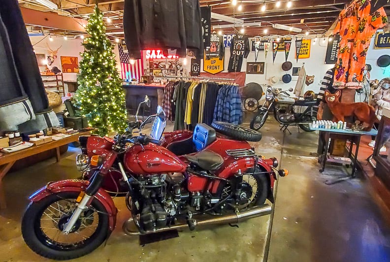 A motorcycle on display in a store