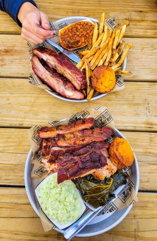 A plate of food on a wooden table