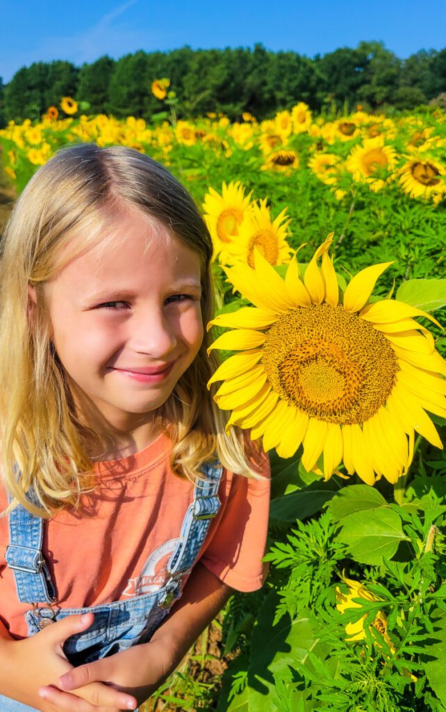 A young girl face next to a sunflower
