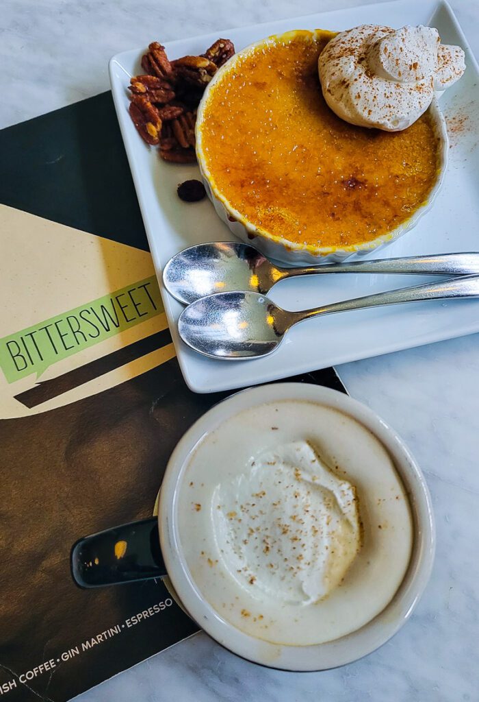 a bowl of Crème brûlée and coffee
