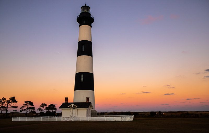 Bodie Island Lighthouse at sunset in the Outer Banks