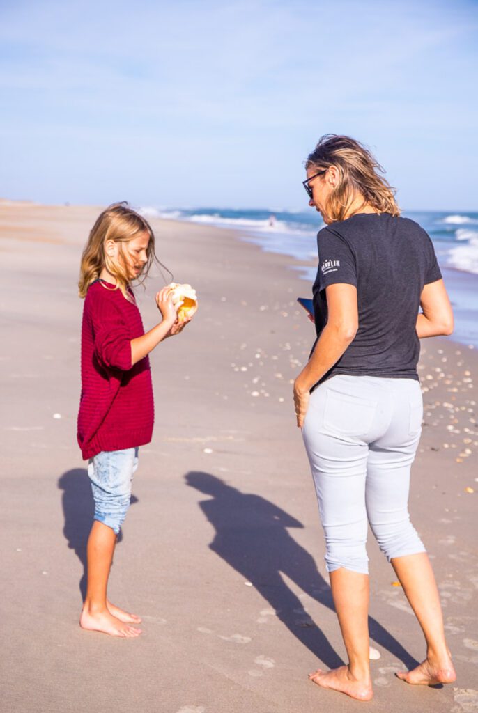 A woman and a girl collecting shells on a beach