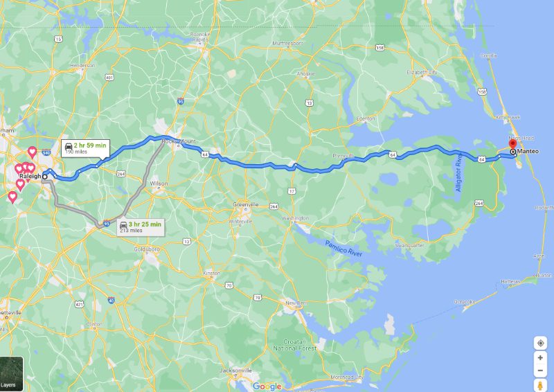 map showing raleigh to manteo driving times