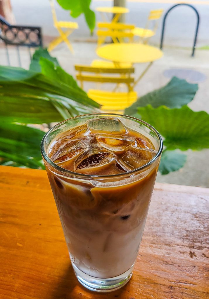 Iced coffee in a glass at Idle Hour Coffee shop in Raleigh