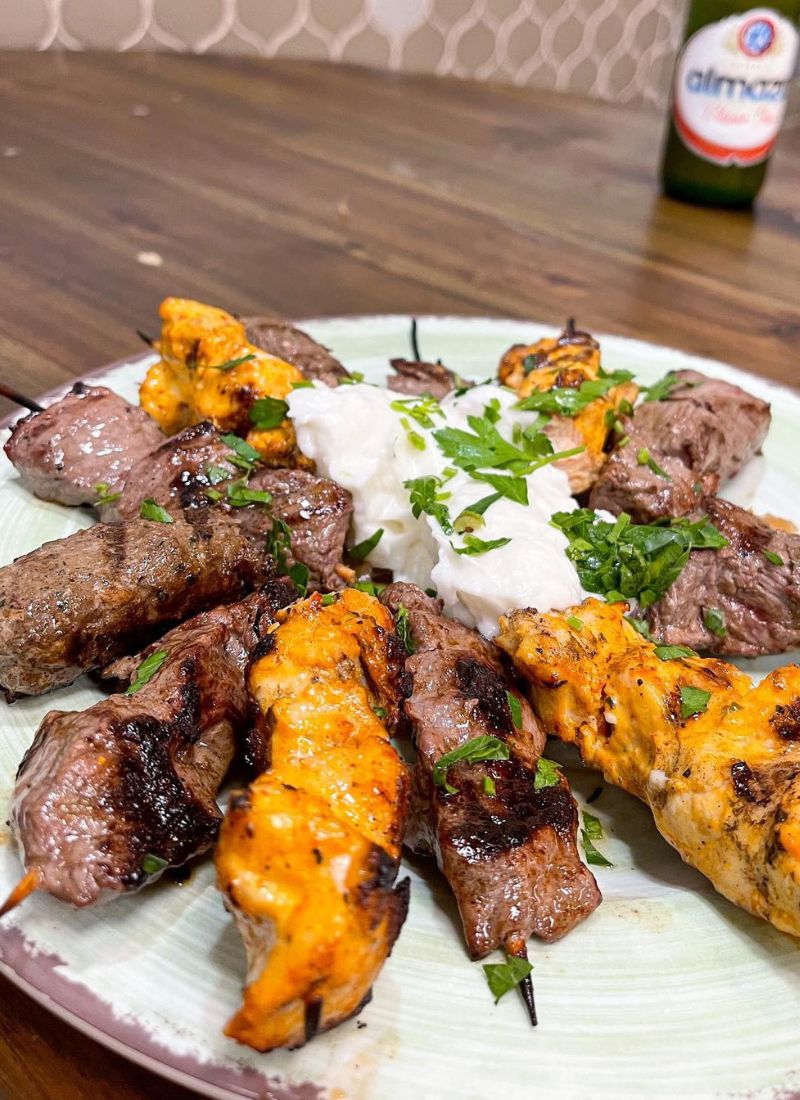 Lamb and chicken kebabs on scewers at Neomonde in Raleigh