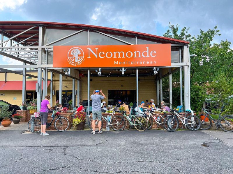People and bicycles dining at Neomonde in Raleigh