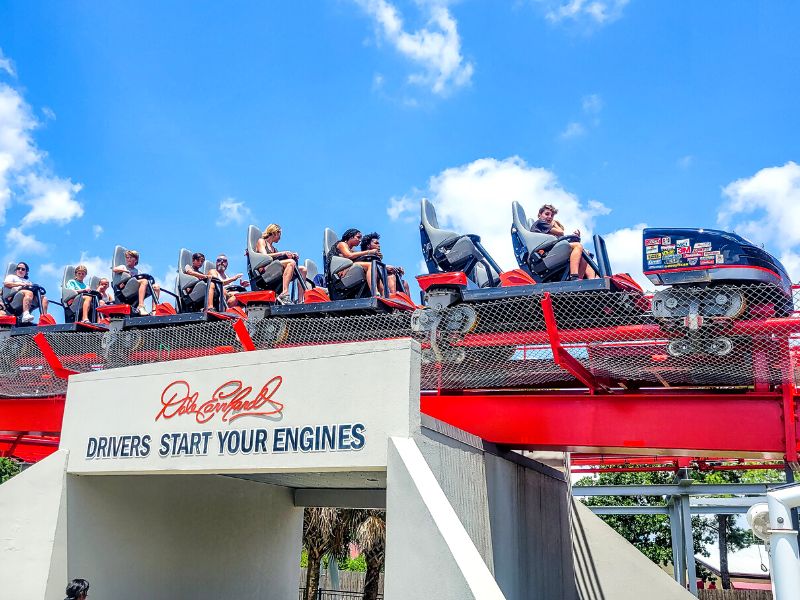 People sitting on a roller coaster at Carowinds Amusement Park