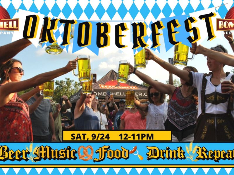 Poster with people holding jugs of beer promoting Oktoberfest