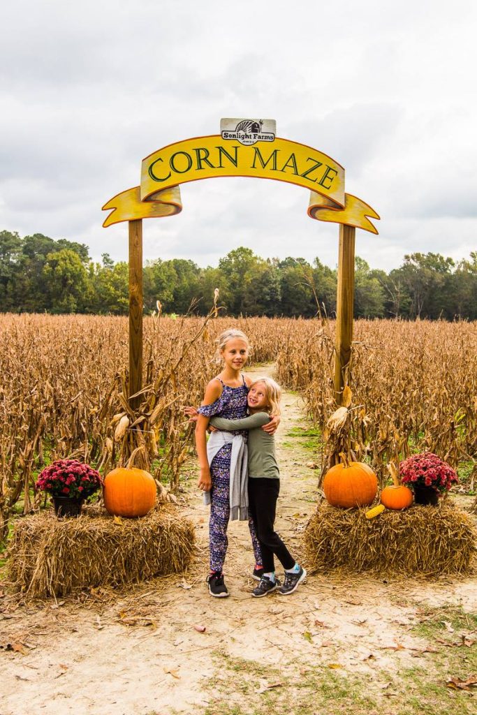 sisters cuddling under corn maze sign