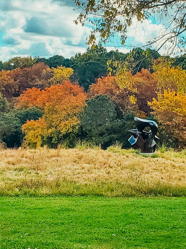 sculpture in NC art museum garden with fall foliage behind it