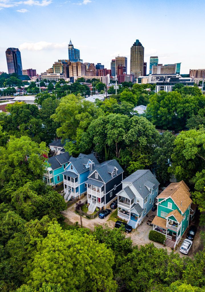 Aerial view of homes surrounded by trees with city skyline in the background