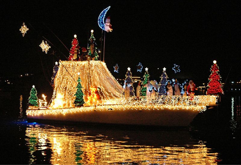 Boat lit up with Christmas lights