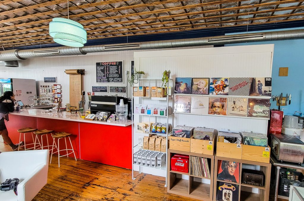 Interior of a coffee shop with records on display