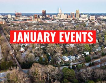Aerial view of trees and city skyline in Raleigh, North Carolina