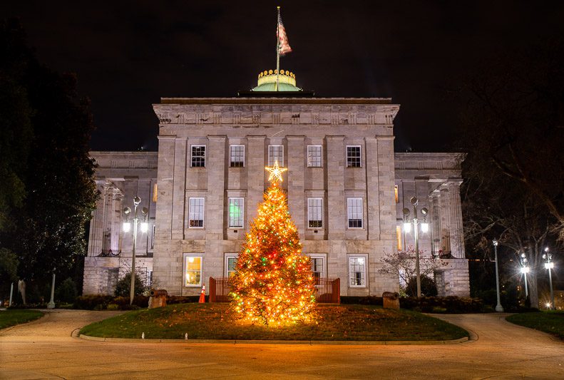 Christmas tree in front of the capitol building in Raleigh, NC