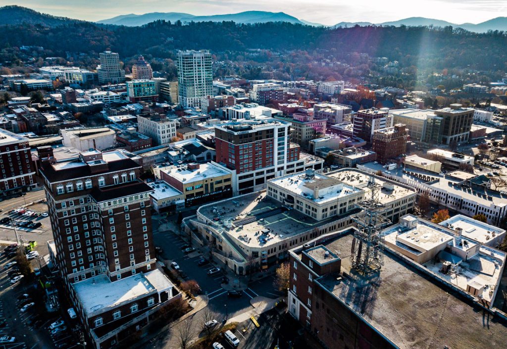 Aerial view of downtown Asheville skyline