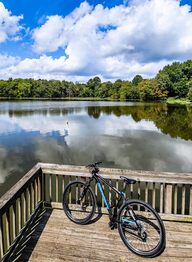 Bike on a deck overlooking a lake
