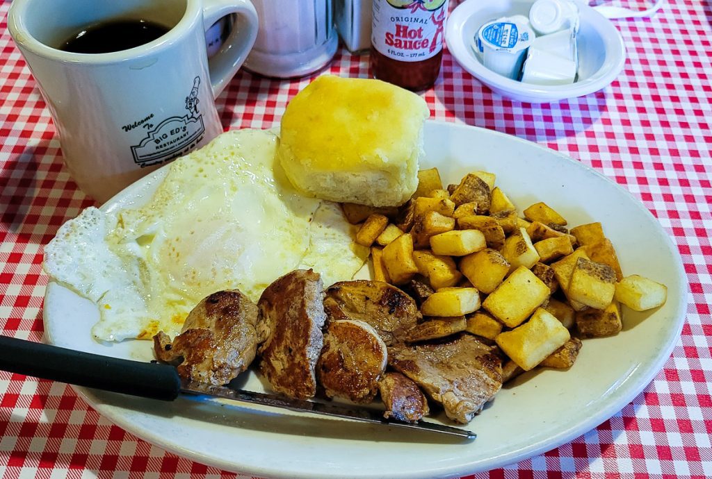Plate of pork, eggs, and breakfast potatoes