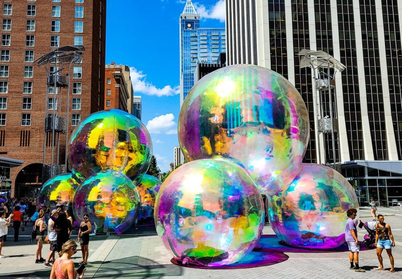 Giant colorful balls in a city street