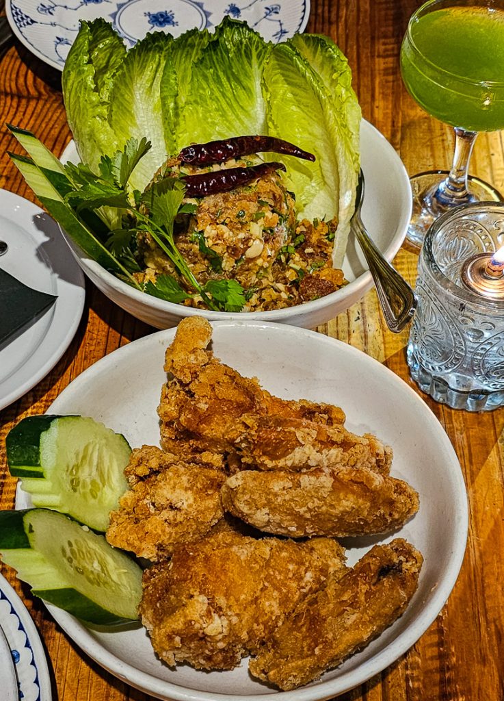 Fried chicken wings and lettuce wraps