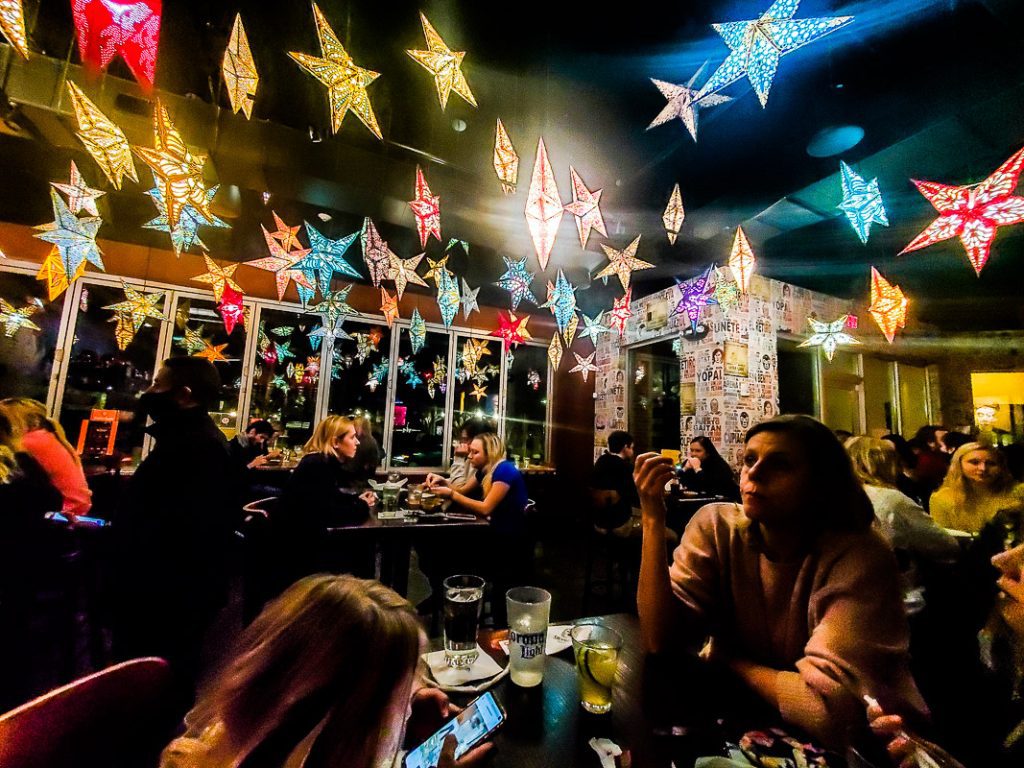 People eating inside a colorful Mexican restaurant