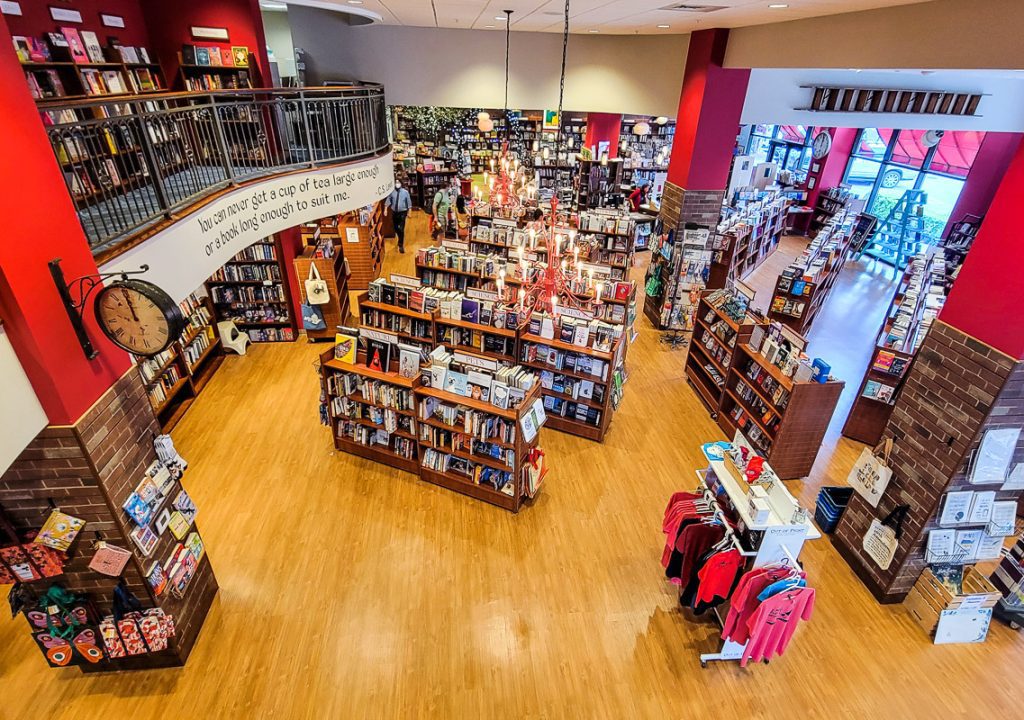 Inside a bookstore with books and shelves