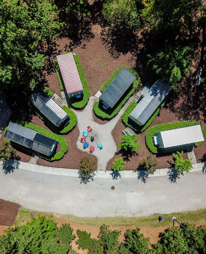 Aerial drone photo of 6 tiny homes