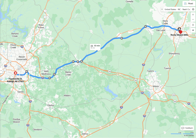 rocky mount to raleigh map