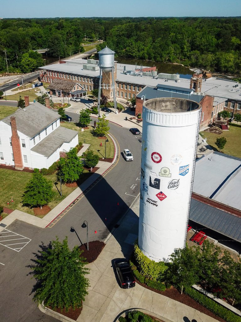 Aerial photo of a water tower and old mill