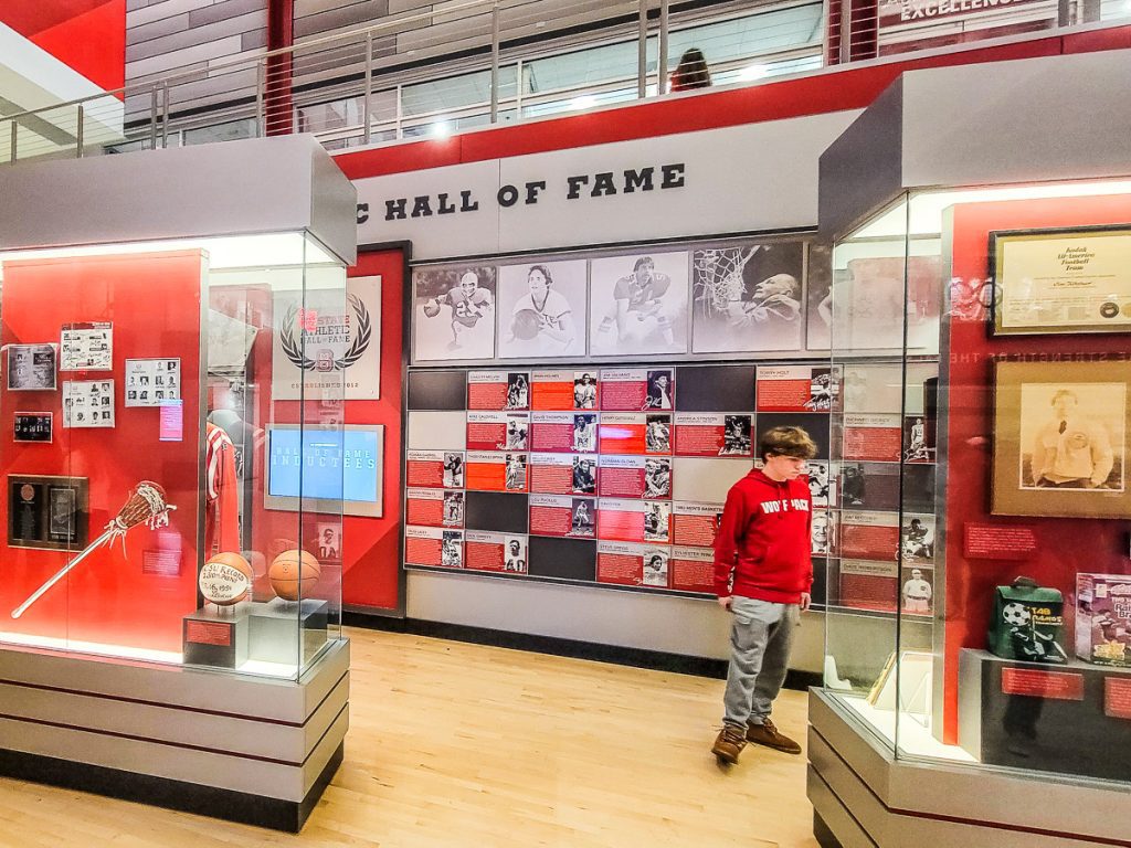 Inside a basketball museum showing memorabilia