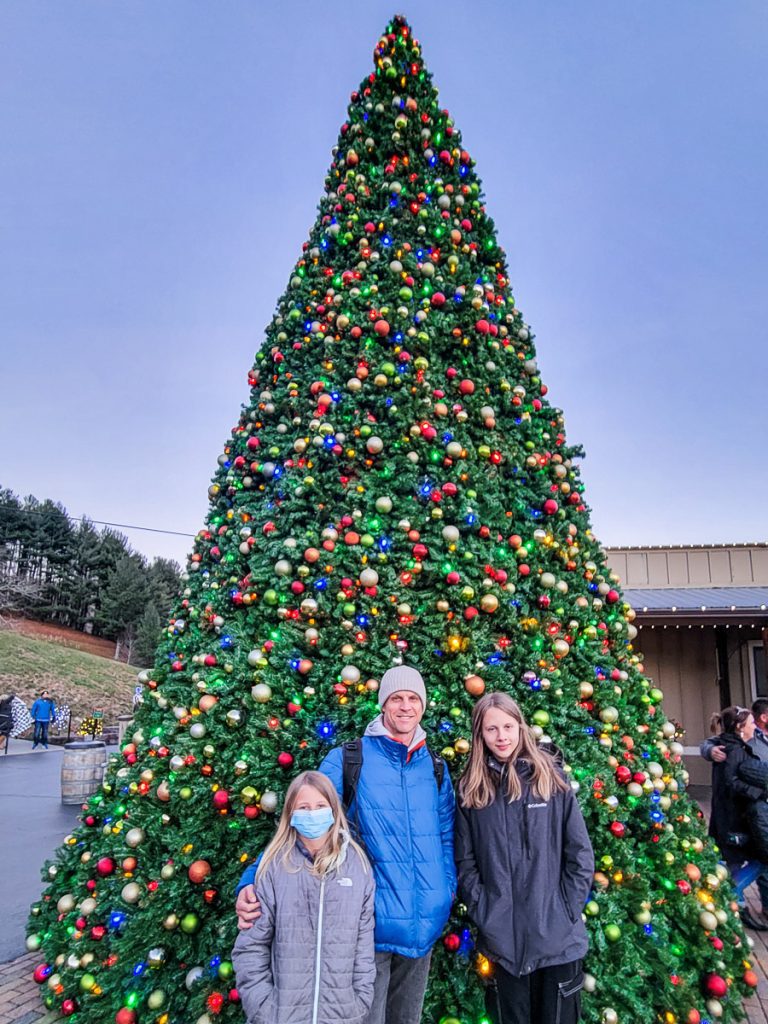 Dad and two daughters in front of a Christmas tree