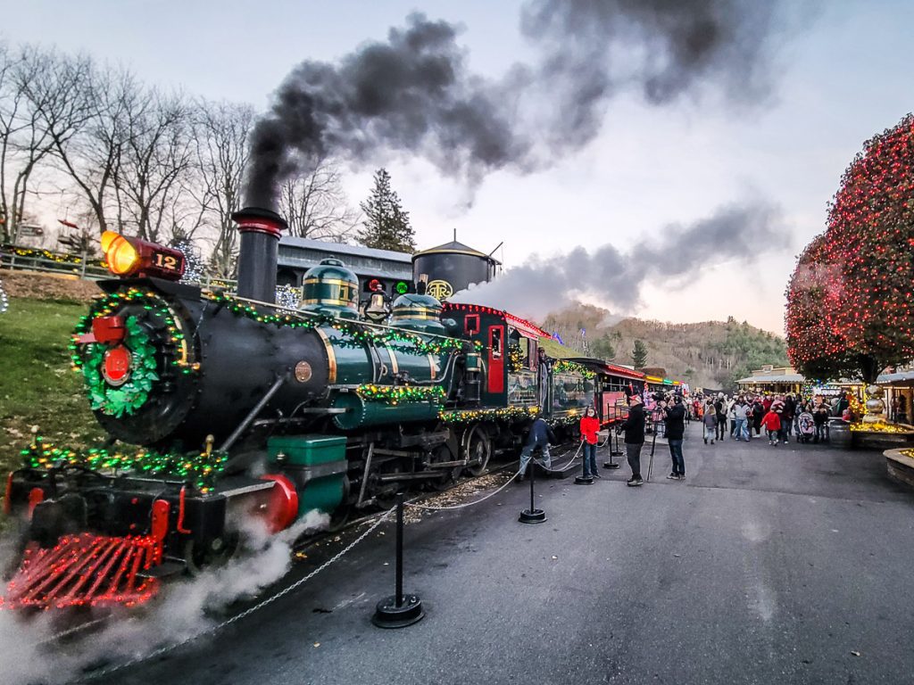 Steam train at a station in the mountains