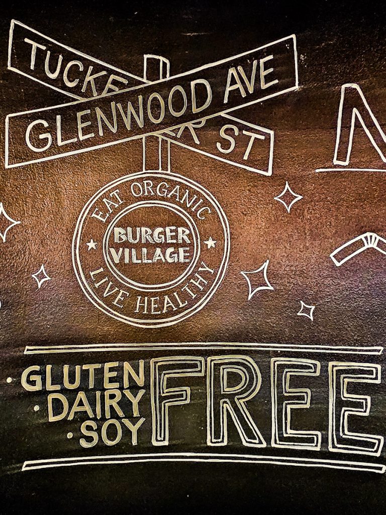 Sign saying Glenwood Ave, gluten, dairy, soy, free.
