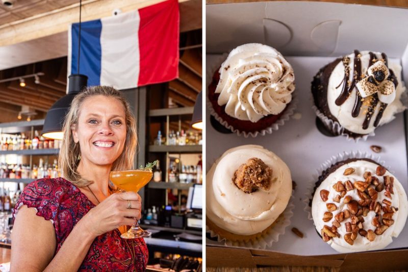 Woman holding a cocktail glass next to 4 cupcakes.