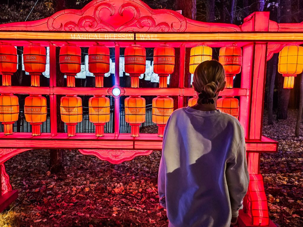 Young girl looking at a display of lighted lanterns.