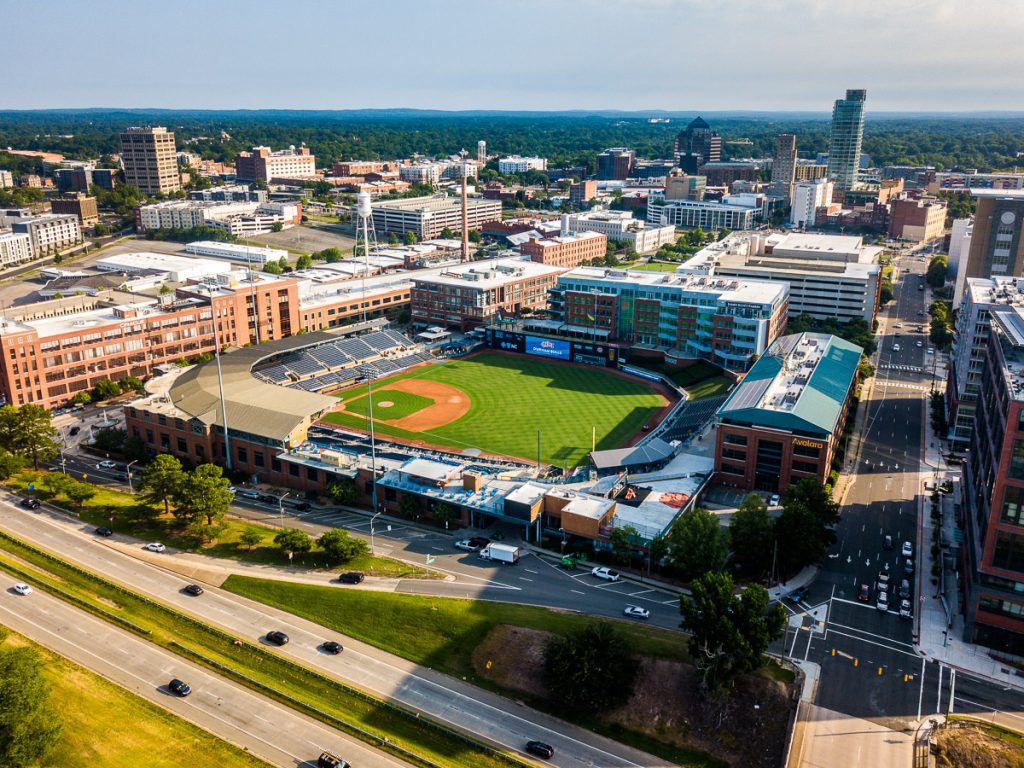 Aerial photo of a city and a baseball stadium in Durham, North Carolina.