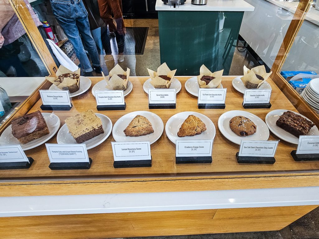 Baked goods on display in a cafe.